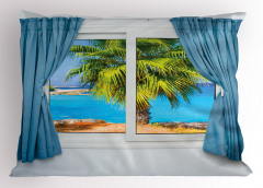 Pencere Deniz Palmiye Yastık Kılıfı Mavi