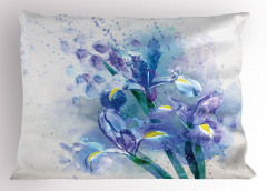 Sulu Boya Çiçek Desenli Yastık Kılıfı Mavi Mor