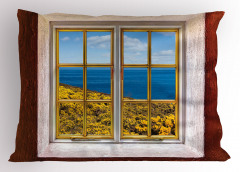 Pencere Desenli Yastık Kılıfı Çiçek Deniz Mavi Bulut