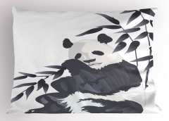 Panda ve Bambu Desenli Yastık Kılıfı Suluboya Etkili Asya Siyah Beyaz