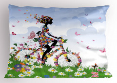 Çiçekli Bisikletli Kız Yastık Kılıfı Kelebek Gökyüzü