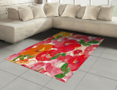 Sulu Boya Çiçekler Halı (Kilim) Kırmızı Turuncu Sarı