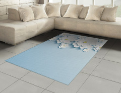 Beyaz Mavi 3D Çiçekler Halı (Kilim) Dekoratif