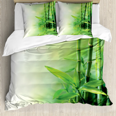 Asian Bedspread Set, Bamboo Stalks Reflection on Water Blurs