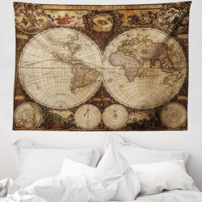 Arazzo e copriletto della mappa del mondo, stampa dell'antico atlante storico