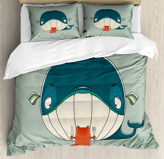 Kitten Eating Huge Fish Duvet Cover Set