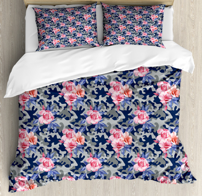 Pink Roses Retro Camo Duvet Cover Set