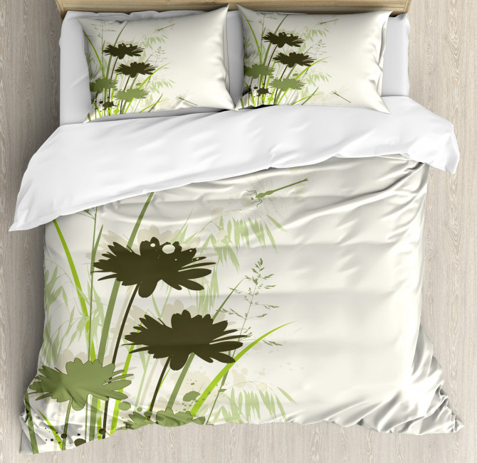 Flowers Leaves Dragonfly Duvet Cover Set