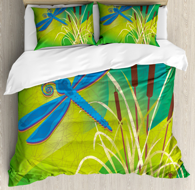 Blue Dragonfly on Green Duvet Cover Set