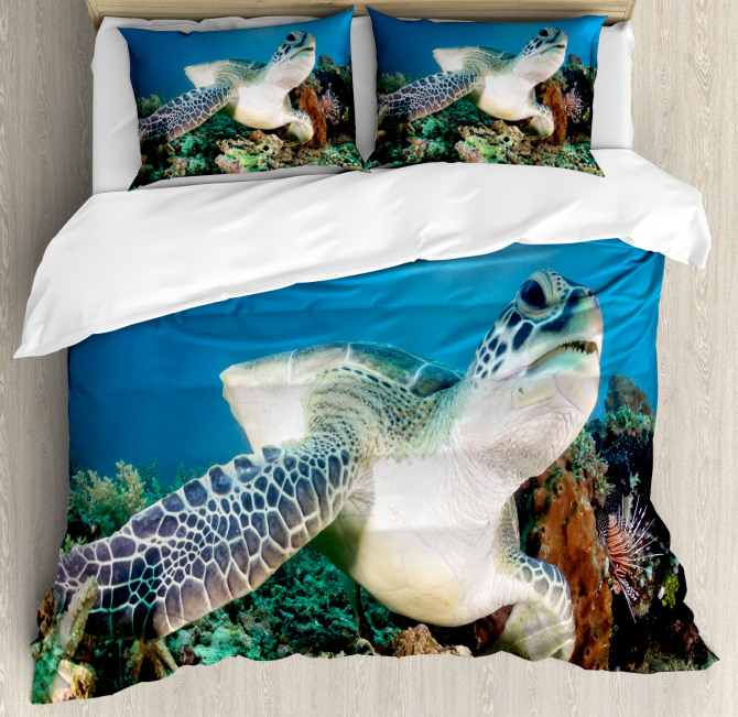 Green Turtle Coral Duvet Cover Set
