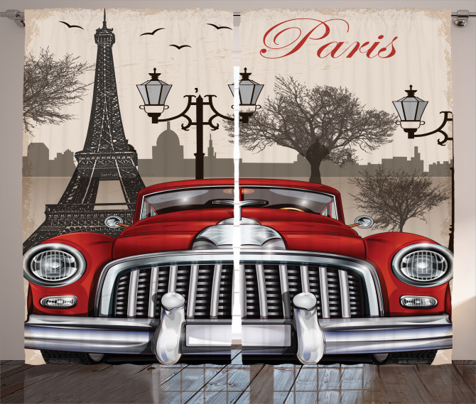 Paris ve Kırmızı Araba Fon Perde Şık