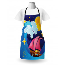 Çocuksu Mutfak Önlüğü Gece Dalgalı Denizdeki Gemi Karikatürü