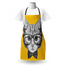Hayvan Deseni Mutfak Önlüğü Papyonlu Gözlüklü Kedi