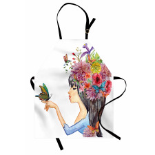 Kelebek ve Yusufçuk Mutfak Önlüğü Siyah Saçlı Çiçekli Kız