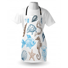 Deniz ve Okyanus Mutfak Önlüğü Marin Deniz Canlıları Çizimleri