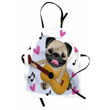 Müzik Mutfak Önlüğü Gitar Çalan Pug Köpek Kalp Nota Beyaz Fon