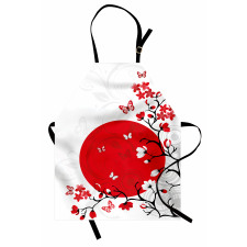 Japon Mutfak Önlüğü Kırmızı Kiraz Çiçekleri Beyaz Fonlu Sakura