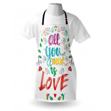 Aşk Mutfak Önlüğü Şirin Yapraklı Çiçek Çerçeveli İngilizce Yazı