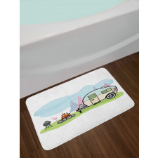 Cartoon Style Camping Scene Bath Mat