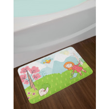 Cartoon Girl Animal in Wood Bath Mat