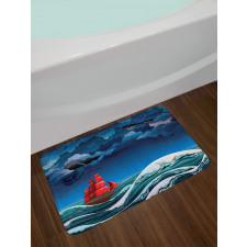 Cartoon Ship on Waves Bath Mat