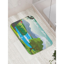 Cartoon Style Lake Waterfall Bath Mat