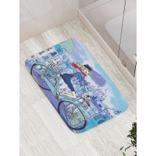 Woman on Bicycle with Cat Bath Mat