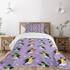 Penguins Skating Snowflakes Bedspread Set