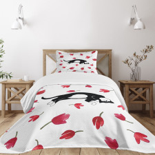 Cat Sleeping Tulips Bedspread Set