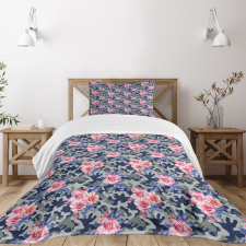 Pink Roses Retro Camo Bedspread Set