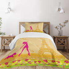 Pink Girl Dog Eiffel Bedspread Set