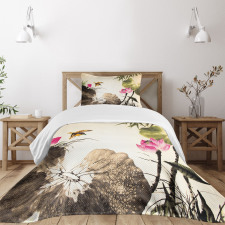 Bird Jumping into Lotus Bedspread Set