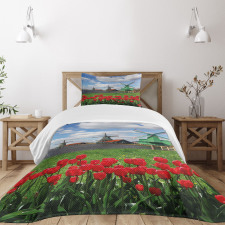Red Color Tulips Field Bedspread Set