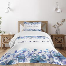 Blue Flowers Leaves Bedspread Set