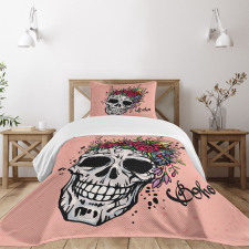 Skull Boho Floral Wreath Bedspread Set