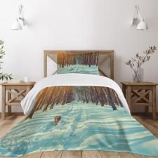 Skier Running Dog Forest Bedspread Set