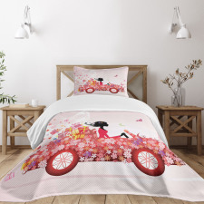 Girl on a Car Floral Box Bedspread Set