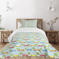 Checkered Cars with Trees Bedspread Set