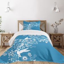 Flowers Flying Doves Asian Bedspread Set
