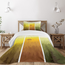 Hills Trees and Birds Bedspread Set