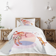 Cartoon Girl and Cat Bedspread Set