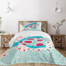 Hearts Flowers and Fish Bedspread Set