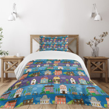 Hand Drawn Townhouses Bedspread Set