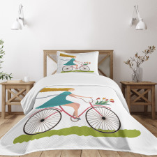 Woman on Bike Tulips Bedspread Set