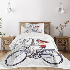 Woman on Bike Eiffel Bedspread Set