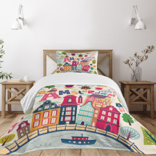 Cartoon Amsterdam Houses Bedspread Set