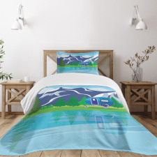 Cartoon Lake Landscape Bedspread Set