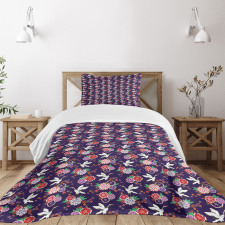 Flying Crane and Flowers Bedspread Set