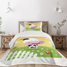 Happy Cartoon Cow Ranch Bedspread Set
