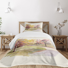 Watercolor Trees and Road Bedspread Set